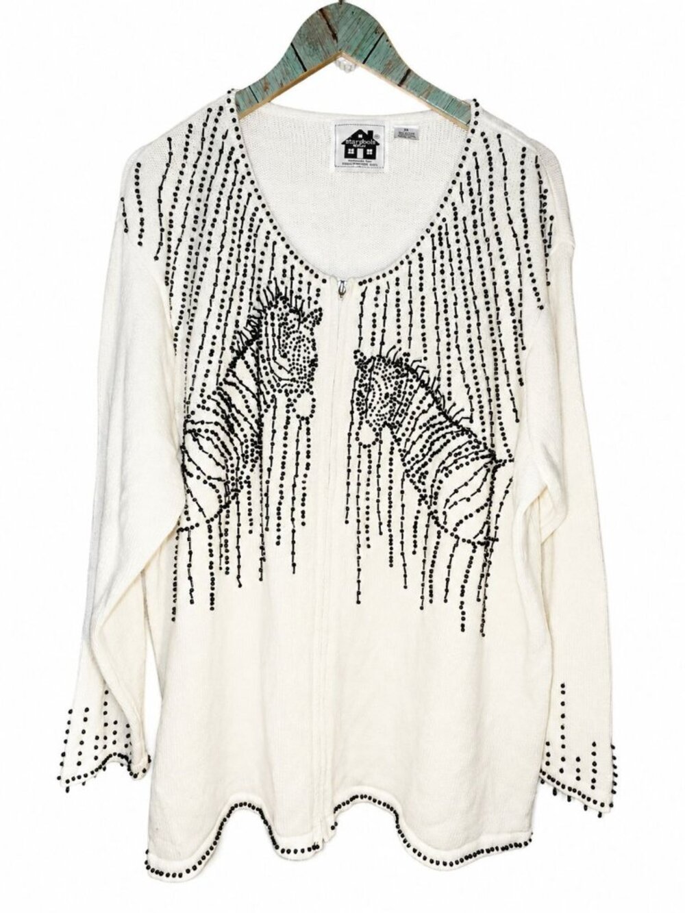 Vtg 1990's Storybook Knits "Two's Company" Zebra Beaded Cardigan Sweater 3X